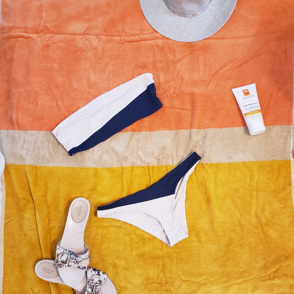 Tavik Bandeau Navy and Cream Bikini Large Moderate Coverage Made in the USA